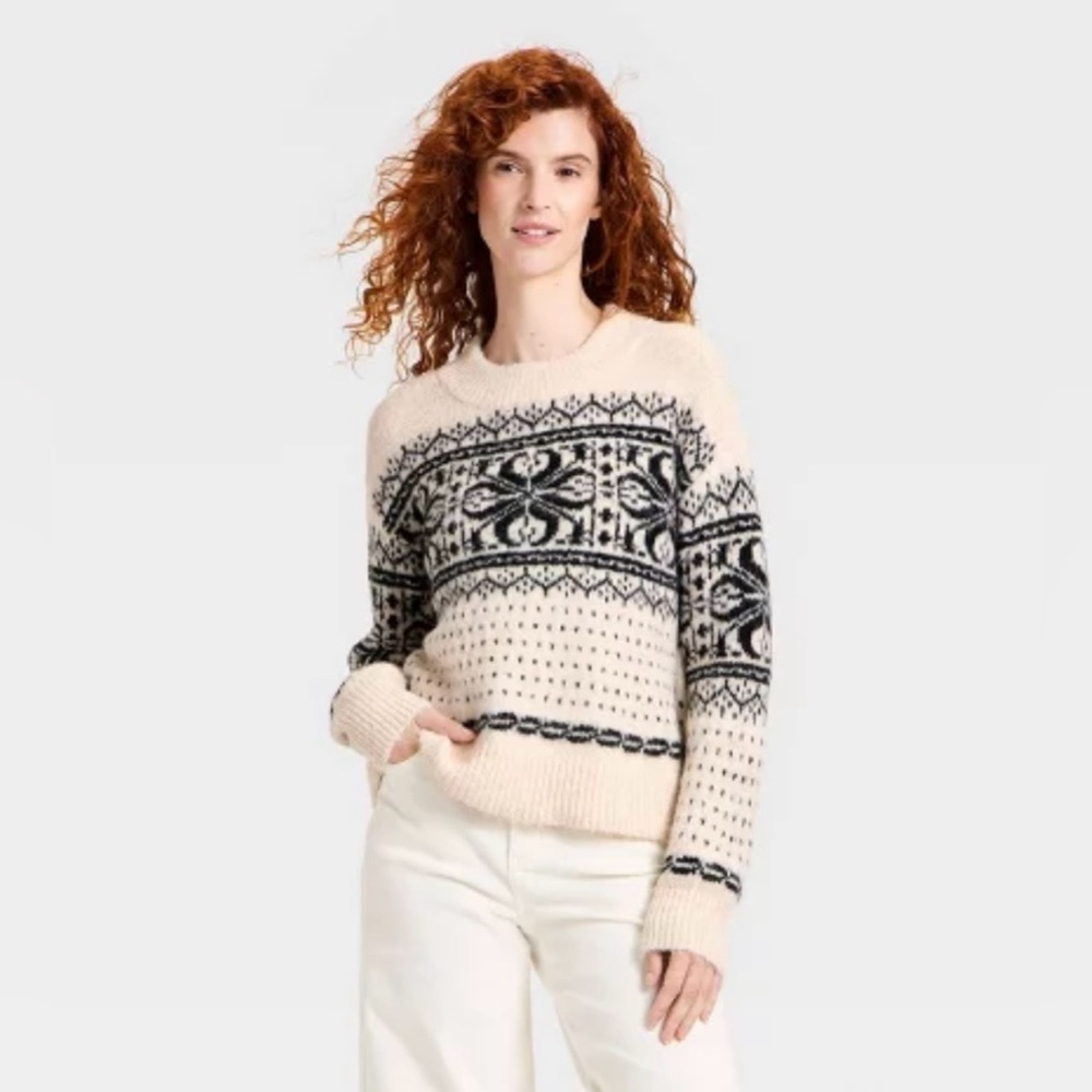 Women's Long Sleeve Cozy Alpine Snowflake Crewneck Pullover Sweater